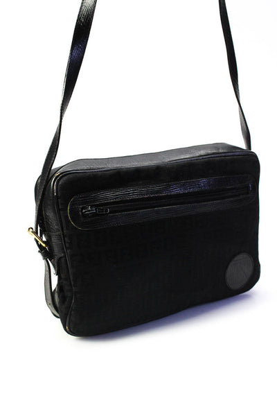 Fendi Womens Black Leather Printed Trim Zip Shoulder Bag Handbag