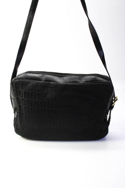 Fendi Womens Black Leather Printed Trim Zip Shoulder Bag Handbag