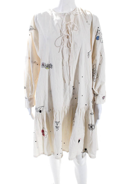 Mr. Larkin Womens Cream Cotton Embroidered Long Sleeve A-Line Dress Size XS