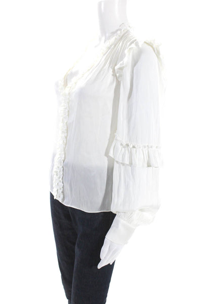 Generation Love Womens Satin V Neck Ruffle Long Sleeve Top Blouse White Small