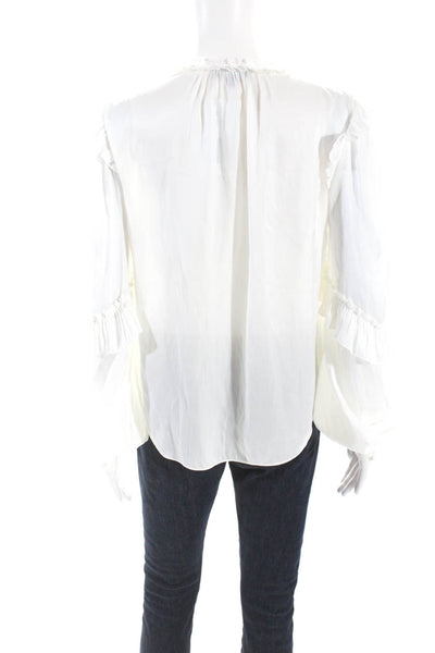 Generation Love Womens Satin V Neck Ruffle Long Sleeve Top Blouse White Small