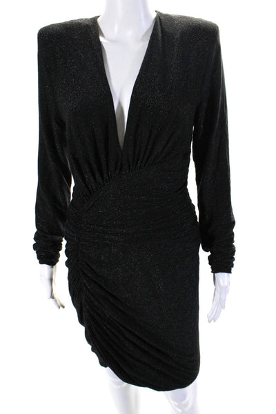 Alexandre Vauthier Womens Sparkly Ruched V-Neck Long Sleeve Dress Black Size 44