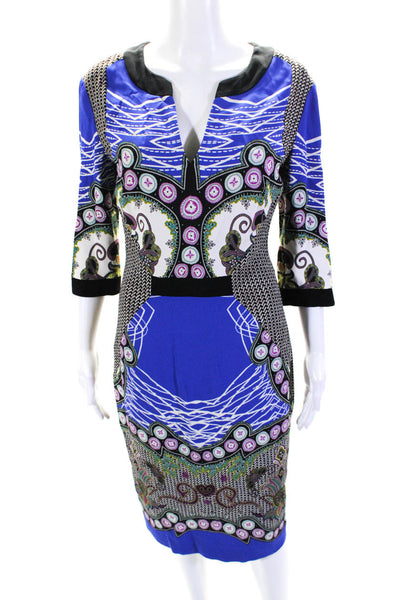 Etro Womens Abstract Print V-Neck Long Sleeve Zip Up Dress Blue Size 44