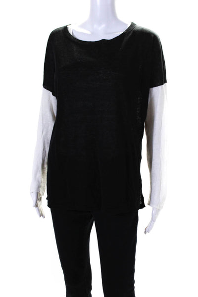 Vince Womens Color Block Thin Knit Crew Neck Sweater Black White Linen Small