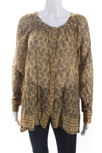 Donna Karan Womens Long Sleeve Button Front Scoop Neck Shirt Brown Cotton Size 4