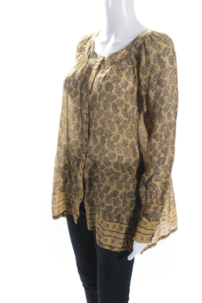 Donna Karan Womens Long Sleeve Button Front Scoop Neck Shirt Brown Cotton Size 4