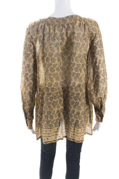 Donna Karan Womens Long Sleeve Button Front Scoop Neck Shirt Brown Cotton Size 4