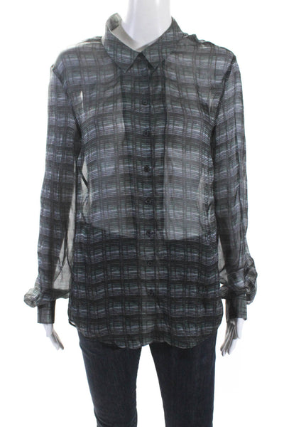 Theyskens Theory Womens Button Fornt Sheer Printed Silk Shirt Gray Size Medium