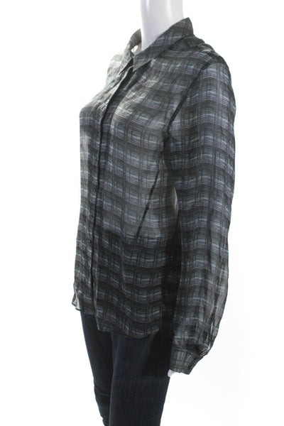 Theyskens Theory Womens Button Fornt Sheer Printed Silk Shirt Gray Size Medium