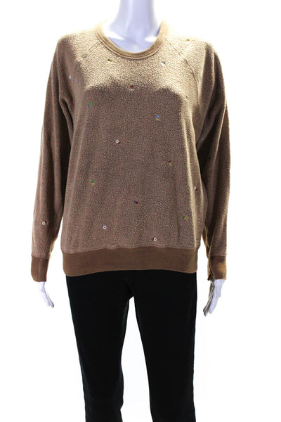 The Great Womens Crew Neck Floral Embroidered Fleece Sweatshirt Brown Size 1