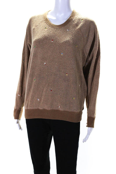 The Great Womens Crew Neck Floral Embroidered Fleece Sweatshirt Brown Size 1