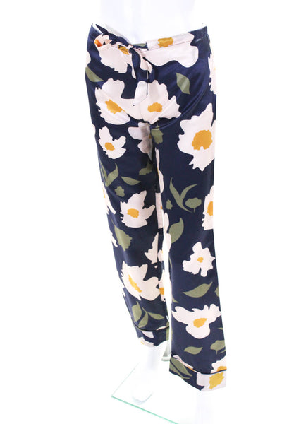 Ginia Womens High Rise Drawstring Floral Satin Pants Navy Blue Pink Size XS