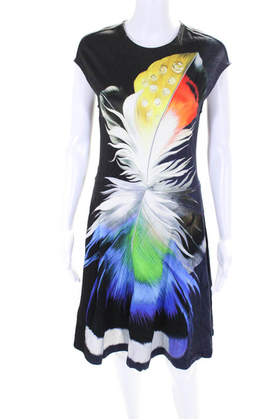 Mary Katrantzou Womens Sleeveless Feather Print Knit Dress Black Multi Medium