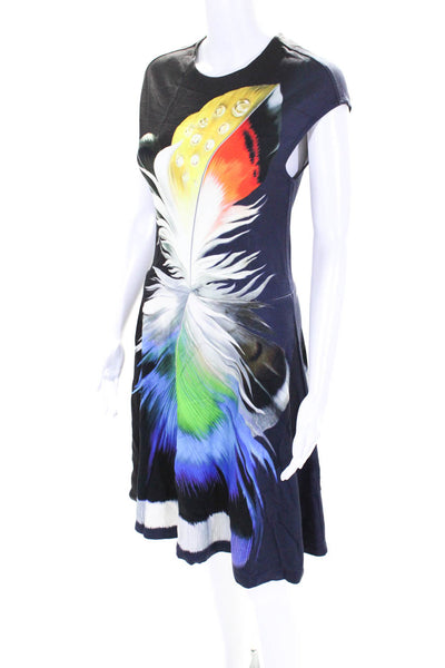 Mary Katrantzou Womens Sleeveless Feather Print Knit Dress Black Multi Medium