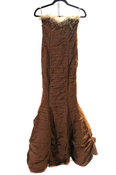 Rafael Cennamo Womens Zip Up Strapless Tulle Embellished Tiered Gown Brown Small