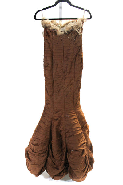 Rafael Cennamo Womens Zip Up Strapless Tulle Embellished Tiered Gown Brown Small