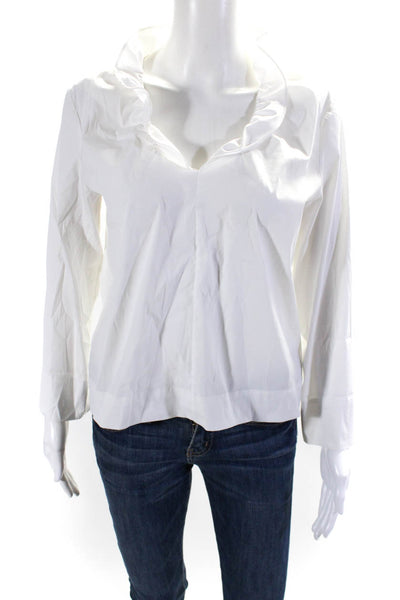 Antonelli Womens Cotton Collared Long Sleeve Pullover Blouse Top White Size 44
