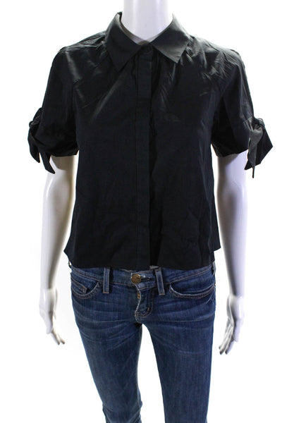 Milly Womens Cotton Collared Short Sleeve Button Up Blouse Top Black Size 4