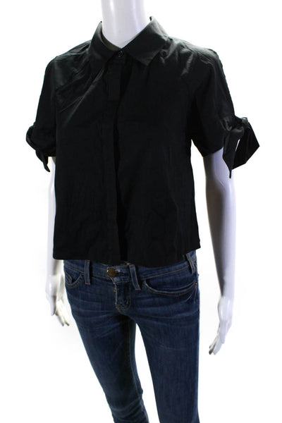 Milly Womens Cotton Collared Short Sleeve Button Up Blouse Top Black Size 4