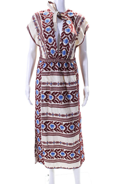 Johanna Ortiz Womens Cream Cotton Printed V-Neck Sleeveless Shift Dress Size 2