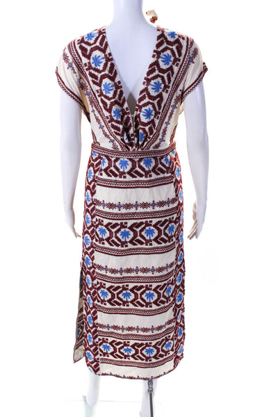 Johanna Ortiz Womens Cream Cotton Printed V-Neck Sleeveless Shift Dress Size 2