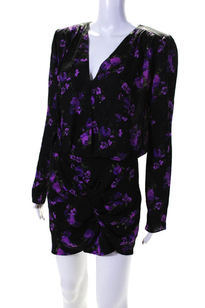 Magda Butrym Womens Black Purple Floral Print Open Back Silk Mini Dress Size 36