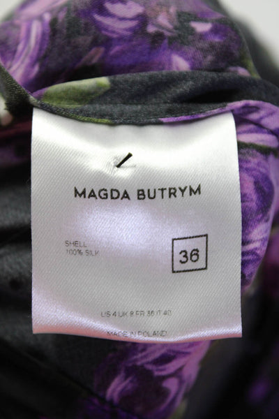 Magda Butrym Womens Black Purple Floral Print Open Back Silk Mini Dress Size 36