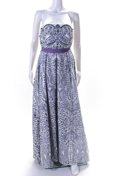 Marchesa Notte Womens Strapless Embroidered Mesh Gown White Blue Cotton Size 8
