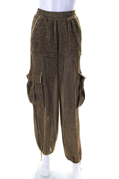 Oseree Womens High Rise Drawstring Metallic Knit Pants Brown Size Small