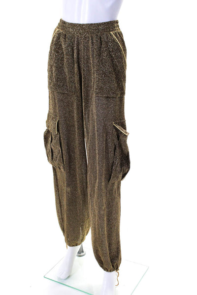 Oseree Womens High Rise Drawstring Metallic Knit Pants Brown Size Small