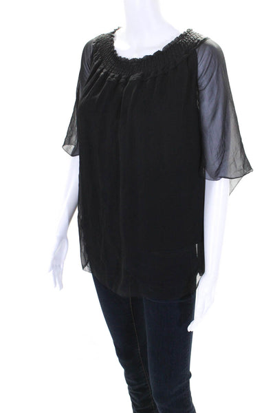 Elie Tahari Womens Silk Short Sleeve Off The Shoulder Blouse Top Black Size XL