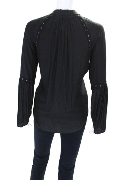 Ramy Brook Womens Black Silk Blend Grommet V-Neck Long Sleeve Blouse Top Size S