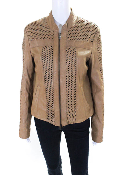 Malibu Road Womens Leather Woven Detail Biker Jacket Brown Size Large