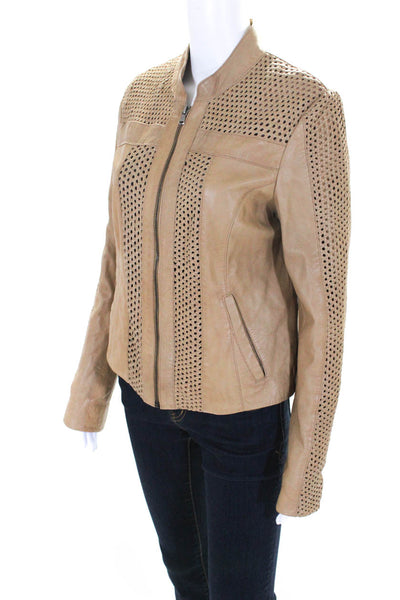 Malibu Road Womens Leather Woven Detail Biker Jacket Brown Size Large