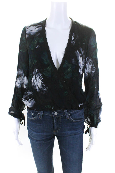 Patrizia Pepe Womens Black Floral Print V-neck Long Sleeve Blouse Top Size 38