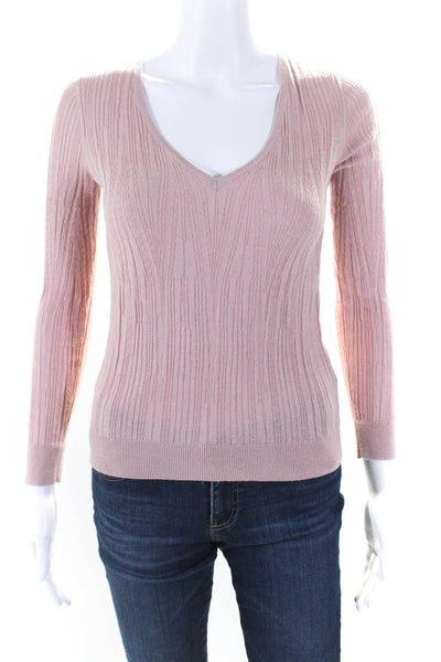 7 For All Mankind Womens Pink V-Neck Ribbed Long Sleeve Blouse Top Size XS