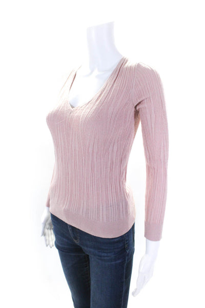 7 For All Mankind Womens Pink V-Neck Ribbed Long Sleeve Blouse Top Size XS