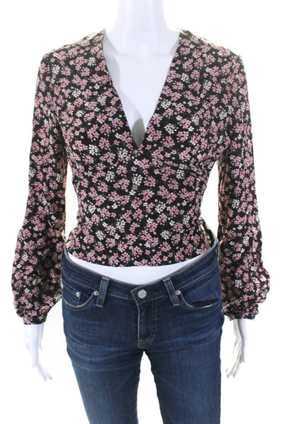 Intermix Womens Long Sleeve V Neck Floral Silk Top Black Pink Size Petite