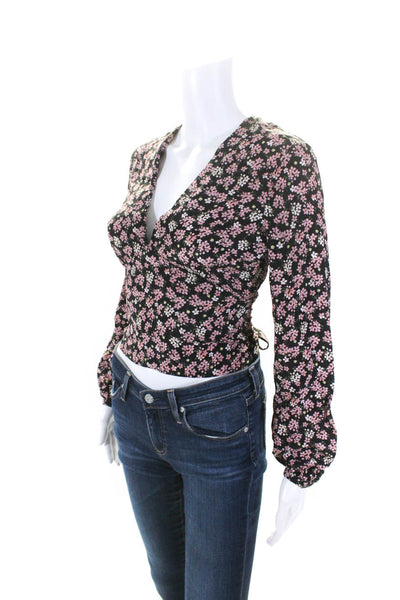 Intermix Womens Long Sleeve V Neck Floral Silk Top Black Pink Size Petite