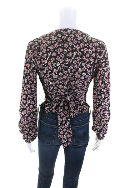 Intermix Womens Long Sleeve V Neck Floral Silk Top Black Pink Size Petite