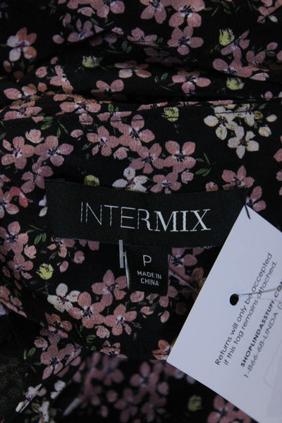 Intermix Womens Long Sleeve V Neck Floral Silk Top Black Pink Size Petite