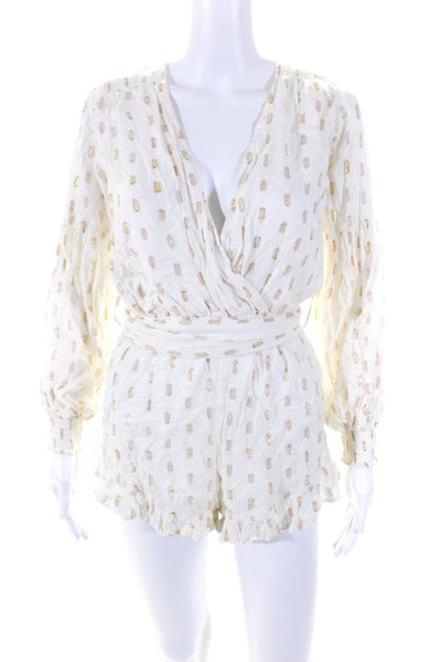 Suboo Womens Long Sleeve V Neck Metallic Dotted Romper White Gold Size 0