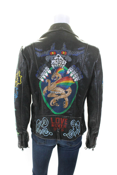 Forziere Womens Leather Studded Graffiti Motorcycle Jacket Black Size Medium