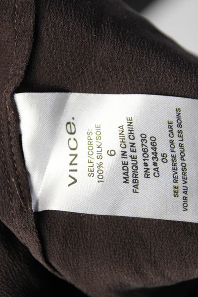Vince Womens Silk Ruched Round Neck Buttoned Long Sleeve Top Brown Size 6