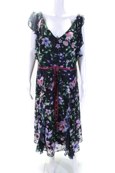 Marchesa Notte Womens Floral Flutter Sleeve Dress Blue Size 14R 12271482