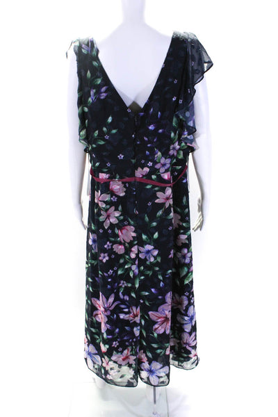 Marchesa Notte Womens Floral Flutter Sleeve Dress Blue Size 14R 12271482