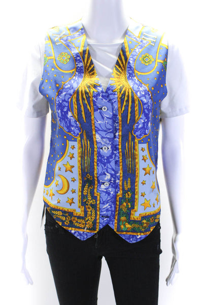 Hermes Womens Blue Gold Silk Graphic Print Four Button Vest Jacket Size M