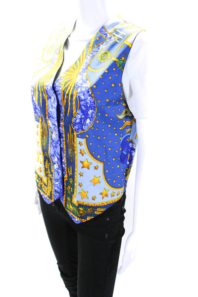 Hermes Womens Blue Gold Silk Graphic Print Four Button Vest Jacket Size M