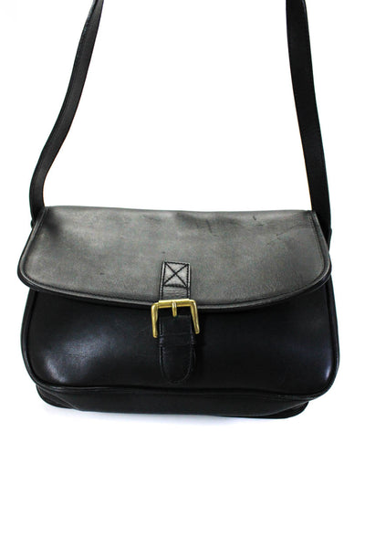 Calvin Klein Womens Leather Flap Gold Tone Crossbody Shoulder Handbag Black