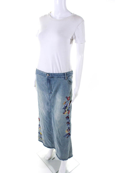 Thyme Jeans Womens Embroidered Floral Cutoff Fringe Denim Midi Skirt Blue XS